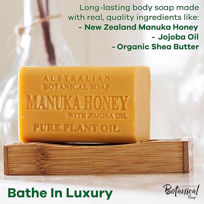 Australian Botanical Soap Manuka Honey with Jojoba Oil – Triple Milled 6.6 oz Bar Soap with Shea Butter, Face Hand & Body Soap Bars, Pack of 4