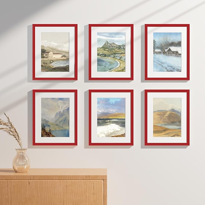 Vittanly 11x14 Picture Frames Set of 9 for Wall Mounting, Red | Display Pictures 8x10 with Mat or 11x14 without Mat, Engineered Wood with Shatter Resistant Plexiglass, Gallery Photo Frames