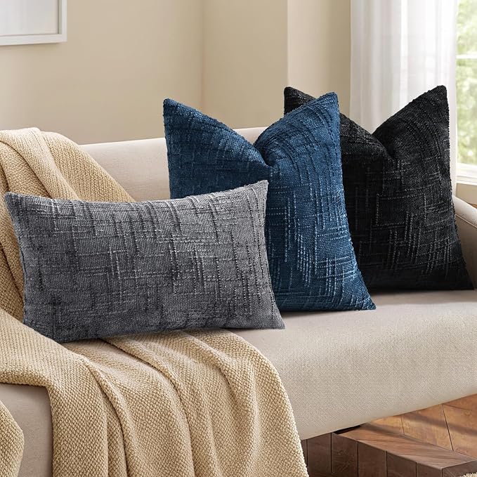 decorUhome Textured Chenille Throw Pillow Covers 22x22 Set of 2 Black | Fall Modern Farmhouse Soft Cozy Slubby Couch Pillow Cases Boho Decorative Pillow Cases for Bed Sofa Living Room Home Decor