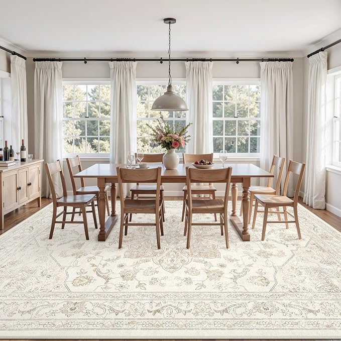 10x14 Area Rug for Living Room: Vintage Boho Neutral Washable Rug Indoor Soft Large Area Rug Carpet for Bedroom Nursery Farmhouse Dining Room Office Floor Non-Slip Low Pile Under Table Rug Beige White