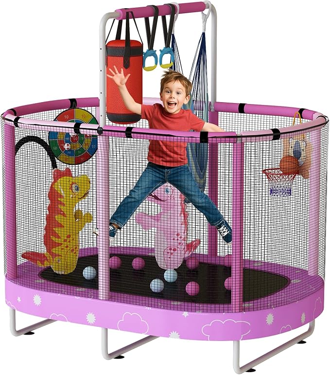 LAMERGE 55" 7-in-1 Round Trampoline for Kids Boys & Girls Ages 1-8, Indoor & Outdoor Trampoline for Fun, Adjustable Height Handrail ＆ Enclosed Safety Net ＆ Durable Designs for Toddlers Children