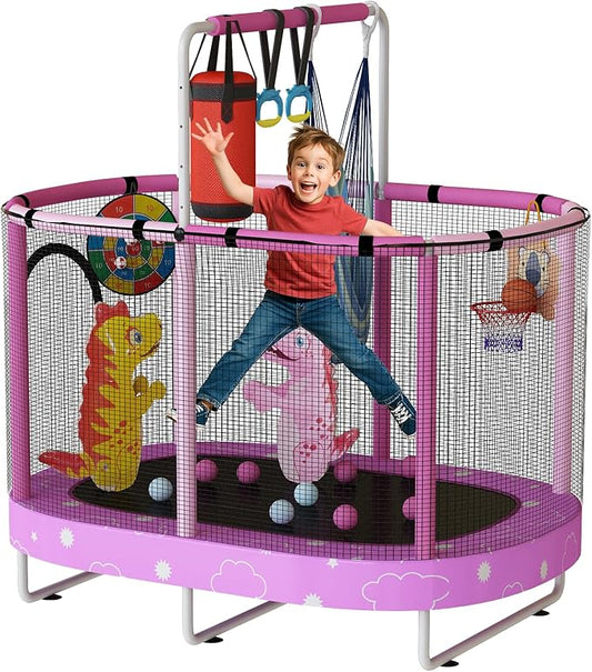 LAMERGE 55" 7-in-1 Round Trampoline for Kids Boys & Girls Ages 1-8, Indoor & Outdoor Trampoline for Fun, Adjustable Height Handrail ＆ Enclosed Safety Net ＆ Durable Designs for Toddlers Children