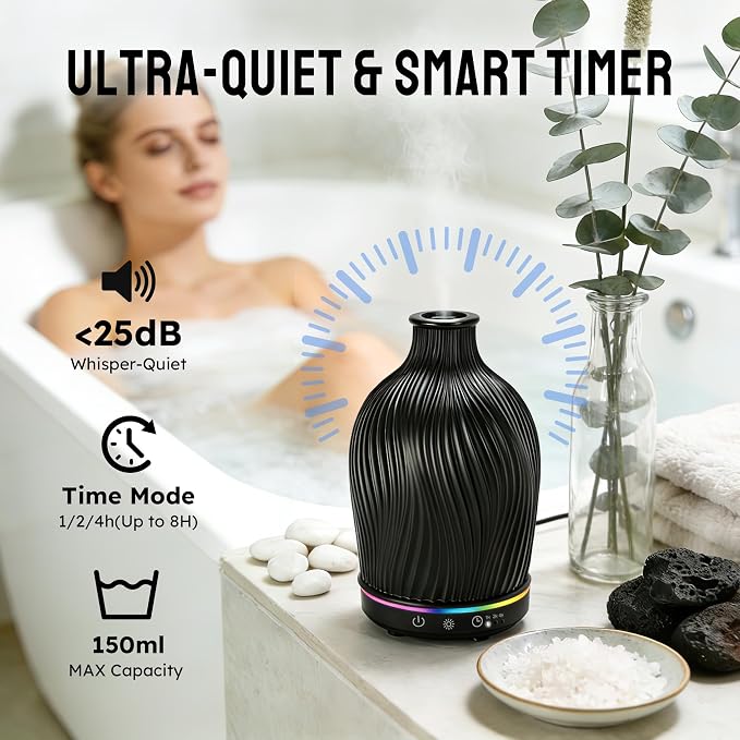 Essential Oil Diffuser 150ml,Resin Diffuser Ultrasonic Aromatherapy Humidifier with 1/2/4H Timer, 7 Color Lights, Auto Shut-Off, Whisper-Quiet for Home Bedroom Office