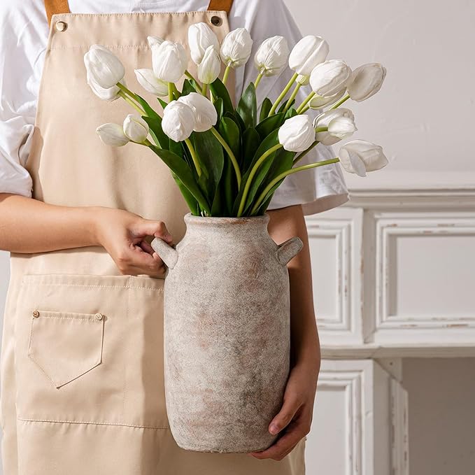 Large Flower Vase Home Decor - Tall Ceramic Farmhouse Rustic Table Vases with Handle Living Room Decoration Decorative Modern Pottery for Floor Kitchen Shelf Coffee Dining Desk Fireplace (12" Retro)