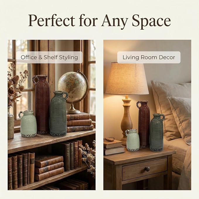 Ceramic Vase Set of 3 with Handles, Brown Neutral Rustic Modern Farmhouse Boho Decor, Versatile as Table Centerpiece or Mantel & Shelf Accent - Unique Home Gift Idea