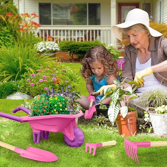 Qtioucp Kids Gardening Tools Outdoor Toys Set Backyard Play with Wheelbarrow Educational STEM Learning Pretend Toys Outdoor Indoor for Toddlers Kids Boys Girls