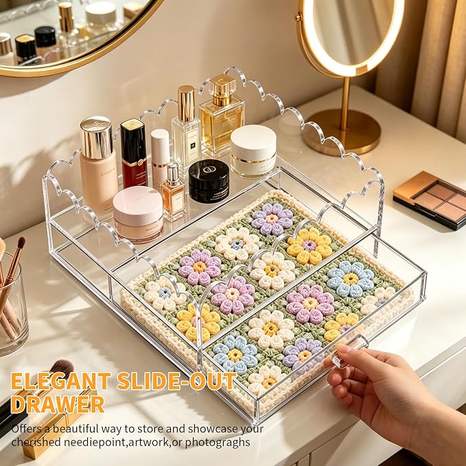 Scalloped Acrylic Tray, 7" x 7" Clear Acrylic Tray with Drawer for Needlepoint,Jewelry,Insert Photos, Art, Fabric, Napkin and Messages Display Basket, Decorative Tray Gift for Home Decor