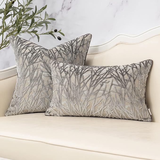 Dark Grey Twigs Throw Pillow Cover Branches Velvet Cushion Case Neutral Pillowcase for Sofa Couch Bedroom Living Room Home Decor,18x18 Inch