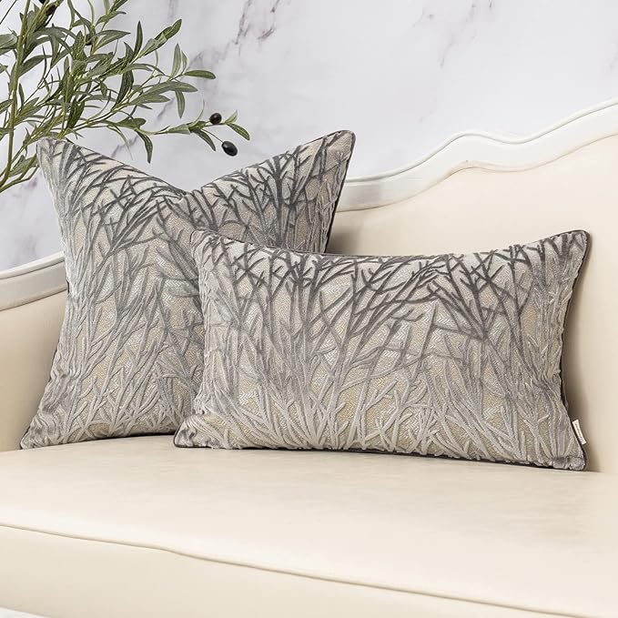 Grey Throw Pillow Cover Velvet Cushion Cover Branches Rectangular Pillowcase for Sofa Couch Bedroom Living Room, 12x20 Inch