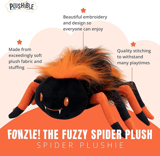 Fonzie Stuffed Spider | 8 Inches, Black, Surface Washable | Halloween Plush Decorations | Fall Decor | Spooky Home Decor | Safe Materials | Spider Stuffed Animal