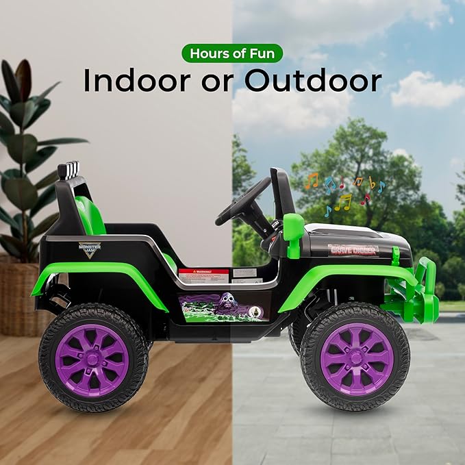 Monster Jam - 12V Kids Ride On Jeep with Rechargeable Battery, LED Headlights, Press-Button Start, Durable Wheels, Forward & Reverse Drive, Contoured Seat