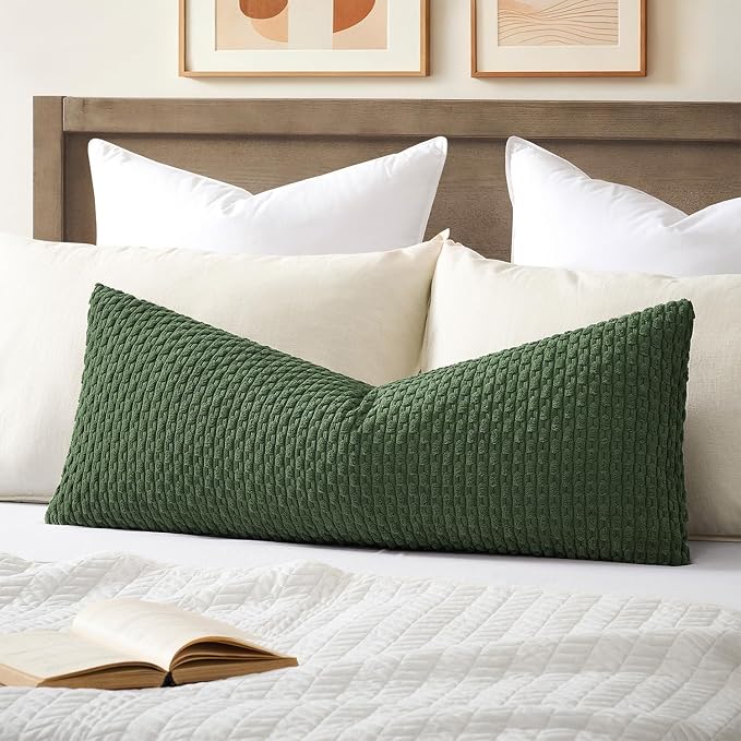 Kevin Textile Soft Corduroy 14"x36" Lumbar Pillow Cover 1 Pack, Moss Green | Boho Stripe Plush Corduroy Decorative Oblong Cushion Cover Modern Farmhouse Home Decor for Sofa Couch Bed Chair