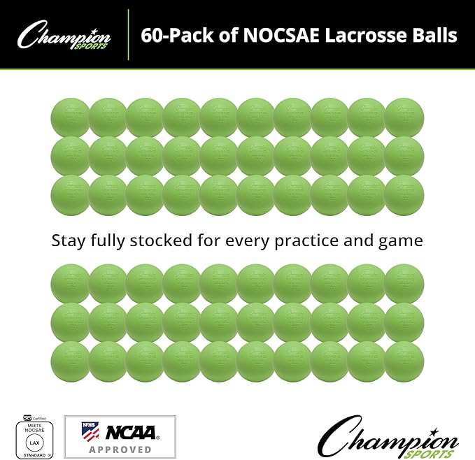 Champion Sports Lacrosse Balls – Official Size SEI Certified, Multi-Color Packs of 3, 6, or 12 for Practice & Games