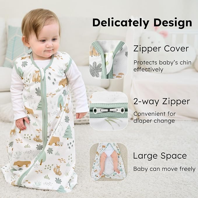 Baby Sleep Sack 0-6 months, 100% Cotton Sleeping Sack for Newborn and Infant, 3 Pack Baby Wearable Blanket, 0.5 Tog Lightweight Double Zipper Sleep Bag Small Green Forest Bear