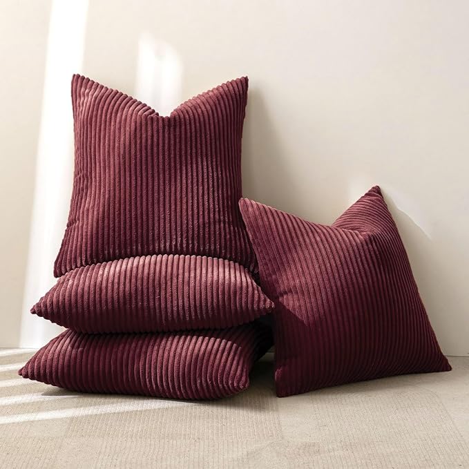 MIULEE Soft Corduroy Decorative Throw Pillow Covers Burgundy 18x18 | Set of 4, Mordern Nordic Christmas Decor, All Same Color Set, Boho Farmhouse Cushion Covers for Couch Bed Sofa Living Room