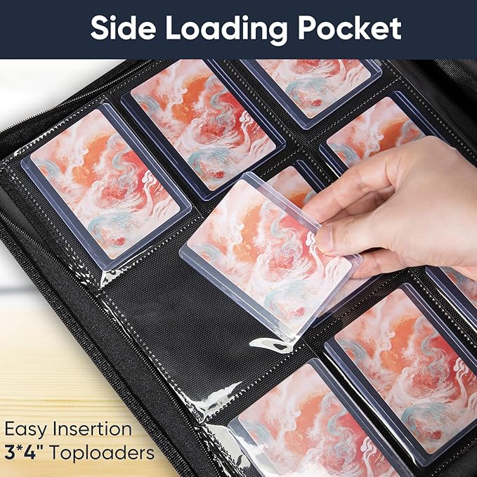 Top Loader Binder - 9 Pocket, Holds 252 Toploaders, 9 Toploaders Included, Card Storage for Trading Cards in 3 x 4'' Toploader, Premium Zippered PU Toploader Binder for TCG, Sports Cards