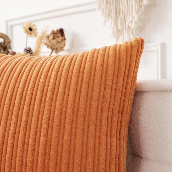 UGASA Fall Decorative Soft Velvet Stripe Pillow Covers Set of 2 Solid Corduroy Textured Euro Cushion Cases for Couch Bedroom Sofa Farmhouse, 20x20 Inch, Orange