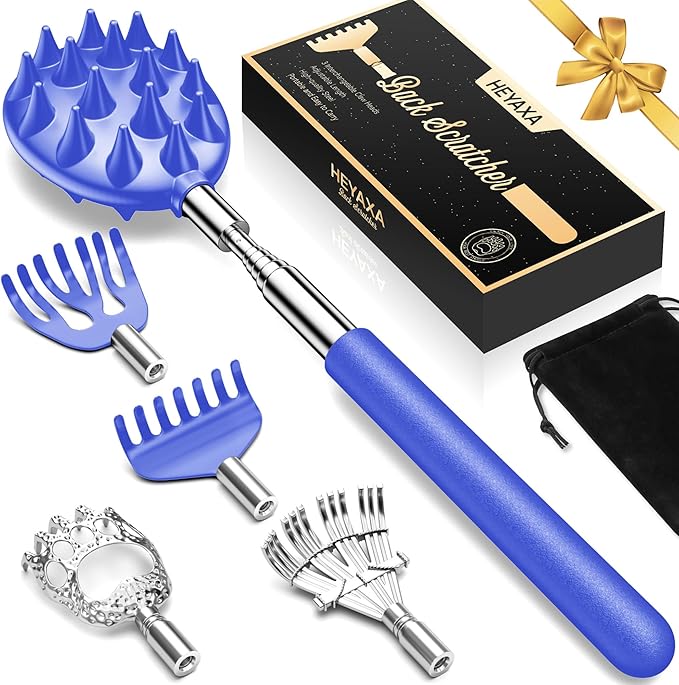 Telescoping Back Scratcher with 5 Detachable Heads, Fathers Day Dad Gifts for Husband, Dad, Men, Women, Practical Birthday Gifts for Men, Adults with Gift Box