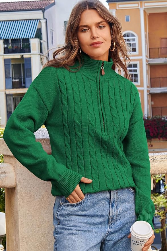 Dokotoo Women's Sweaters 2026 Fall Winter Quarter Zip Ribbed Cable Knit | Long Sleeve,Polo Neck,Lightweight Knit Pullover,Soft Comfy Tops,Casual Trendy Outfits,Fashion Clothing