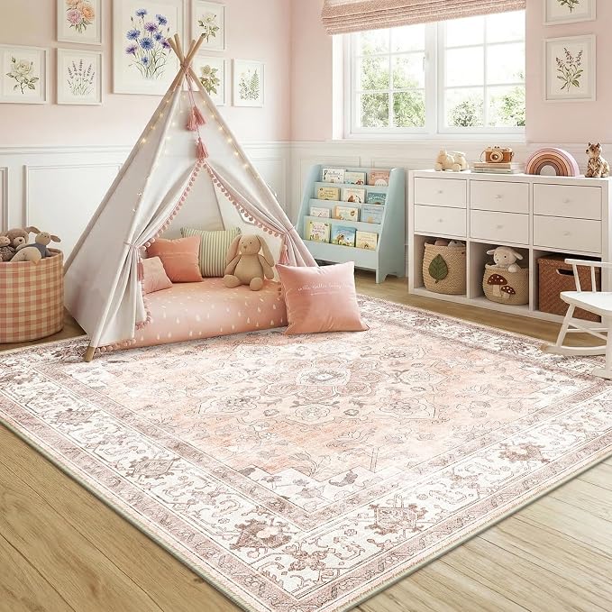 CAPALOCA Square 6ft Washable Nursery Girls Low Pile Area Rug Pink | Non-Slip Soft Rugs for Bedroom Kids Playroom Living Room, Print Pattern Water Repellent Carpet Indoor Decor