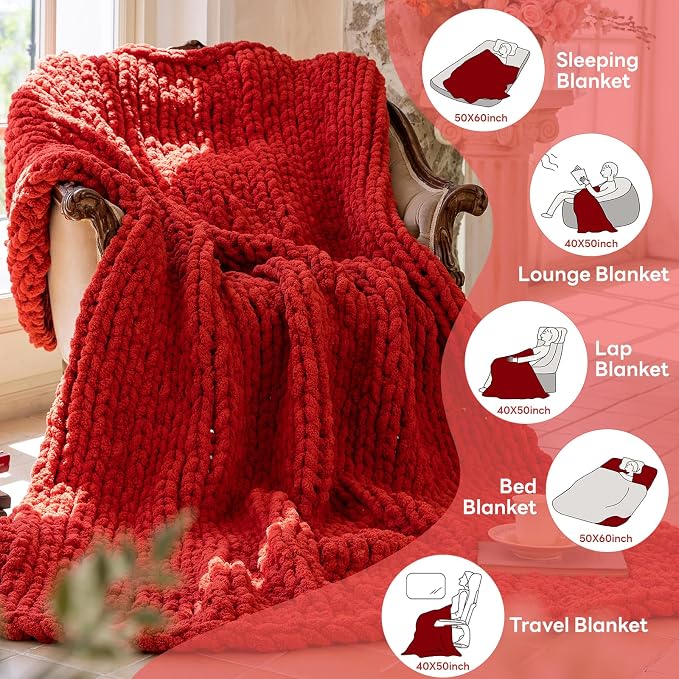 Chunky Knit Blanket - Luxury Soft Cozy 60 * 80 Throw Blanket,100% Woven Blanket Rope Knot Throw Blanket for Couch, Sofa, Home Decor, Gift - Machine Washable (Wine red, 60 * 80)
