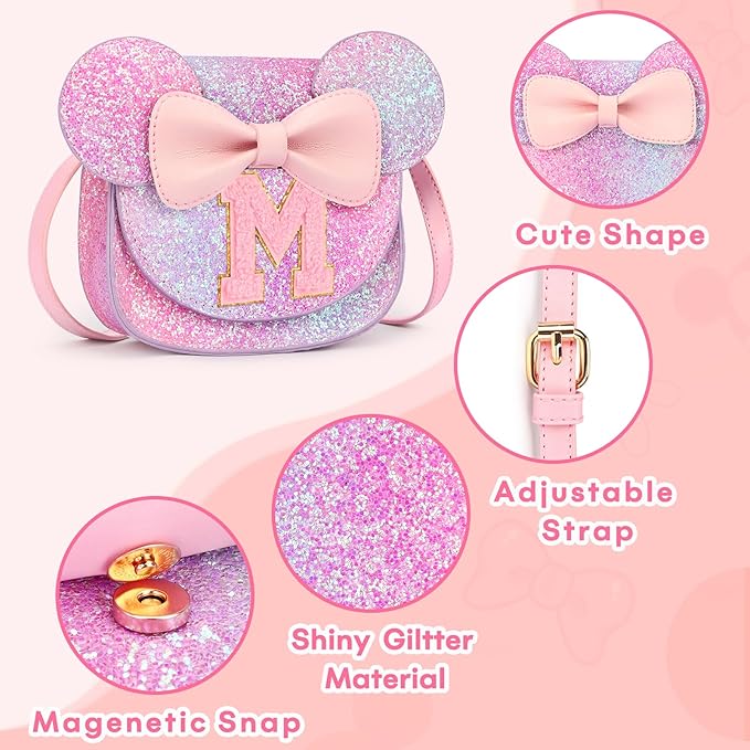 mibasies Toddler Purse Girl Gifts: Girls Birthday Gifts for 3-8 - Toys for Ages 2-4 Girls Mouse Ears Purse, Purple Rainbow, Letter M