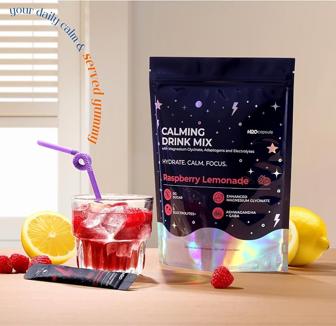 Calm Magnesium Glycinate Powdered Drink Mix with Electrolytes – Sugar Free with Ashwagandha, L-Theanine, Vitamin B 6&GABA – Cortisol Support, Stress Relief, Hydration & Focus - 20 servings (Raspberry)