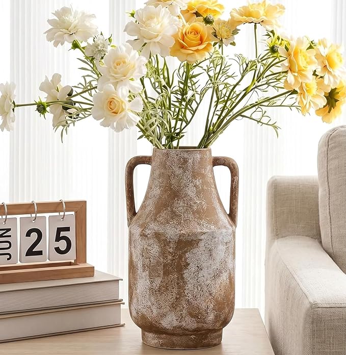 Ceramic Flower Vase with Handles, 11in Tall Rustic Vases for Centerpieces | Waterproof Large Decorative Terracotta Vases for Home Decor, Living Room,Table, Handcrafted (Terracotta)