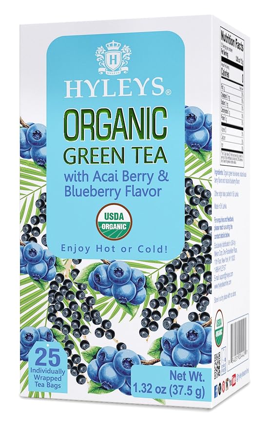 HYLEYS Organic Green Tea with Acai Berry and Blueberry Flavor, 25 Individually Wrapped Tea Bags - USDA Organic Graviola Guanabana Tea with Light Caffeine