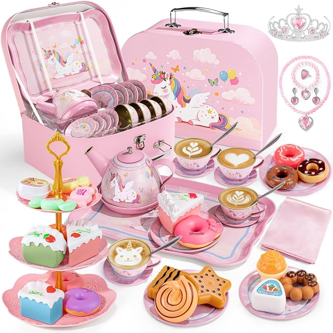 Tea Party Set for Little Girls, 49PCS Princess Tea Time Toys Including Tea Set Dessert Carrying Case, Toddler Girl Toys Kids Kitchen Pretend Playset, 3 - 8 Year Old Girl Birthday Children's Day Gifts