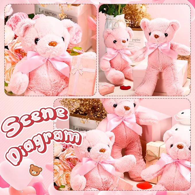 Aoriher 6 Pcs Bear Stuffed Animal Bulk Baby Shower Bear Plush Toys Soft Cute Sleeping and Playing Decorations for Kids Back to School Gift Baby Shower Birthday Party Favor(Pink)
