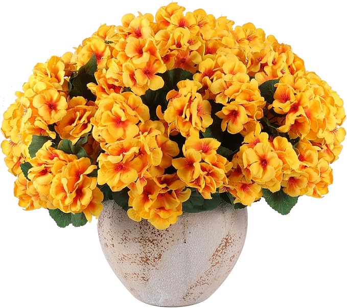 Hananona 12 Pcs Artificial Geranium Flowers for Outdoors Geranium Silk Flowers Outdoor UV Resistant Garden Plants Faux Flowers for Home Kitchen Table Centerpieces Decor (12, Yellow)