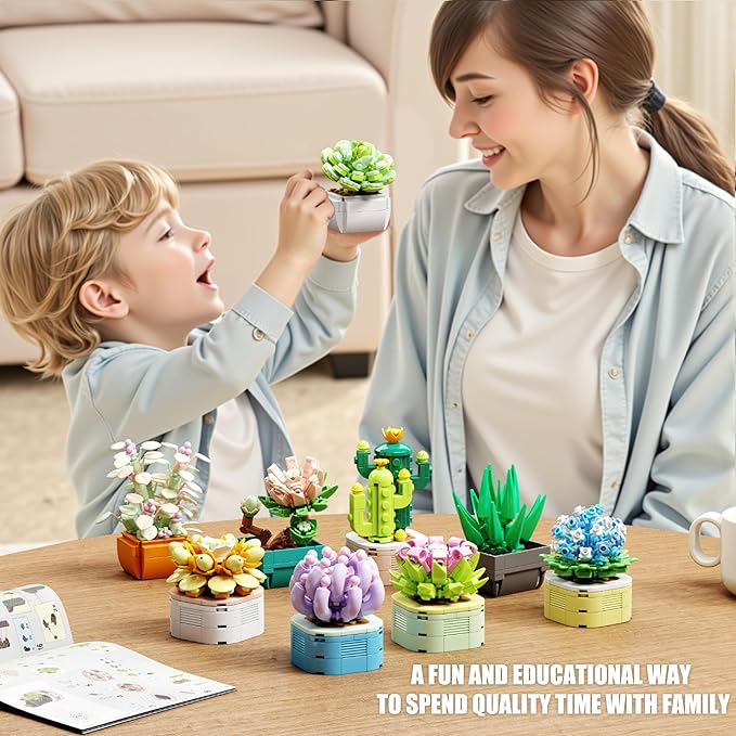 9 in 1 Tiny Flowers Succulents Artificial Plant Set-Creative Botanical Building Block Toy, Botanical Collection for Office&Home Decor, Birthday Gift for Adults and Kids 8-12(832 PCS)