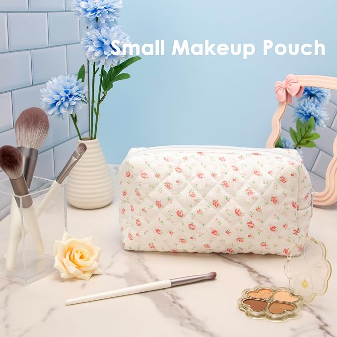 PAZIMIIK Small Quilted Makeup Bag,Zipper Cosmetic Pouch,Gauze Rose | Lightweight Cosmetic Bag Organizer for Women,Purse Storage Holds Makeup,Toiletries,Skincare,Beauty Essentials,Travel Items