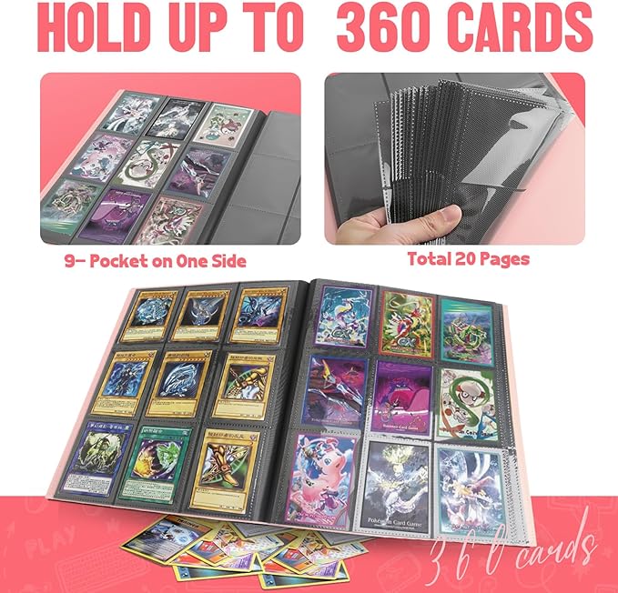 Card Binder 9-Pockets, Trading Card Binder, 20 Pages, 360 Card Capacity Collection Binder, Card Folder for MTG, TCG, Game Cards & Sports Cards(Pink)
