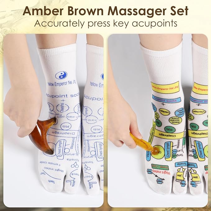 Reflexology Socks Set with Gloves Tools, 2 Pairs Chiro Acupressure Acupuncture Trigger Point 4pcs Massage Tool Gua Sha Foot Hands Head Pain Relief Acupoint Birthday Gifts for Women E