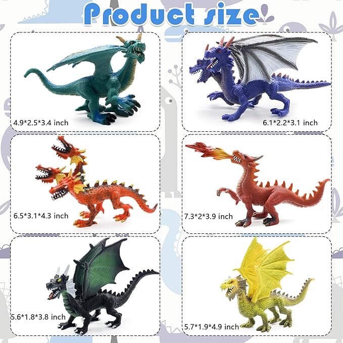 Dragon Toy Figures Cake Topper 6Pcs Ancient Realistic Dragon Figurines Mini Dragon Toys Action Figurine Flying Dragon Statue in Assorted Colors and Styles Kids Toys Birthday Party Decorations