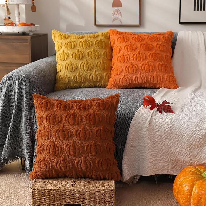 DFXSZ Fall Pillow Covers 18x18 2Pcs Rust Pumpkin Fall Decorations for Home | Fall decor Set of 2 Throw Pillow Cases Soft Plush Faux Fur Wool Couch Cushion for Chair Sofa Bedroom Living Room Home Decor