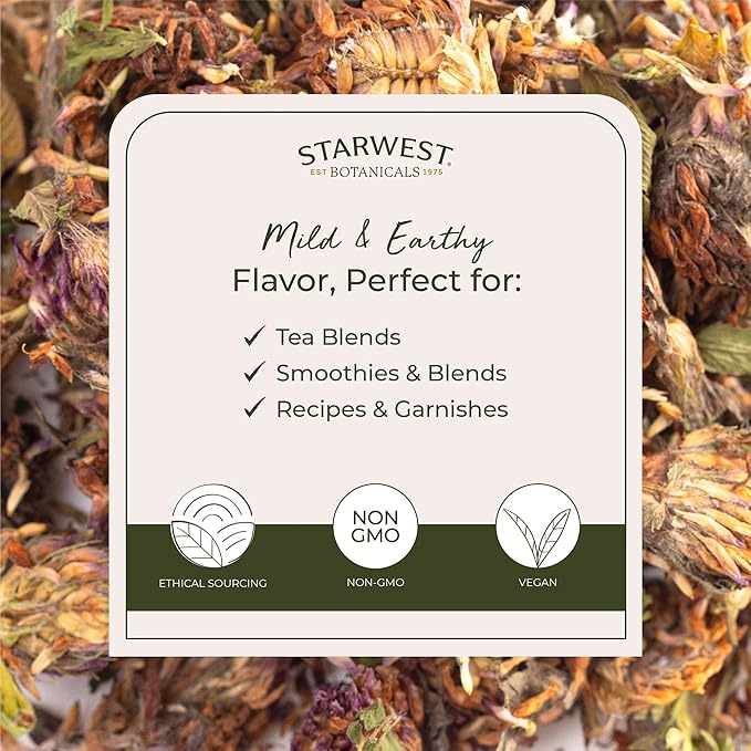Starwest Botanicals Red Clover Blossoms Whole Organic - Dried Loose Leaf Herb for Tea, Edible Flowers, Certified Kosher, Non-GMO - Bulk 1 lb Bag