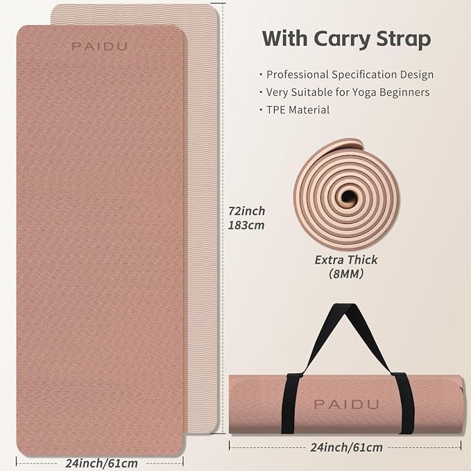 PAIDU Yoga Mat 8mm Super Thick TPE Fitness Mat | SGS Certified | Non-Slip, Odorless & Tear-Resistant | Unisex with Strap | for Yoga, Pilates, Meditation & Home Workouts