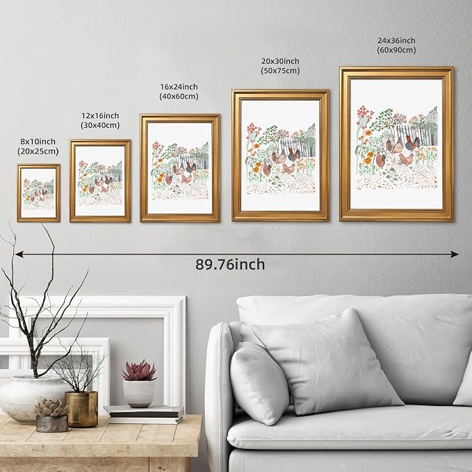 Framed Cottagecore Chicken Wall Art Painting Farmhouse Hens Print Rustic Country Farm Illustration Picture Poster Vintage Pastoral Canvas Artwork Aesthetic Cottage Home Kitchen Room Decor 8x10inch