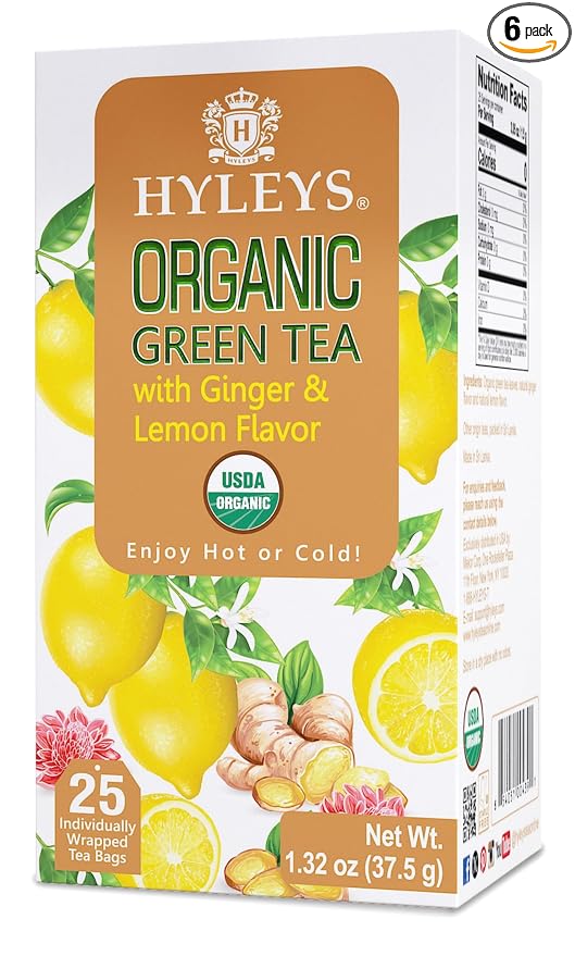 HYLEYS Organic Green Tea, Ginger and Lemon Flavor - 150 Individually Wrapped Tea Bags (6 Pack of 25) - USDA Organic - Kosher & Vegan