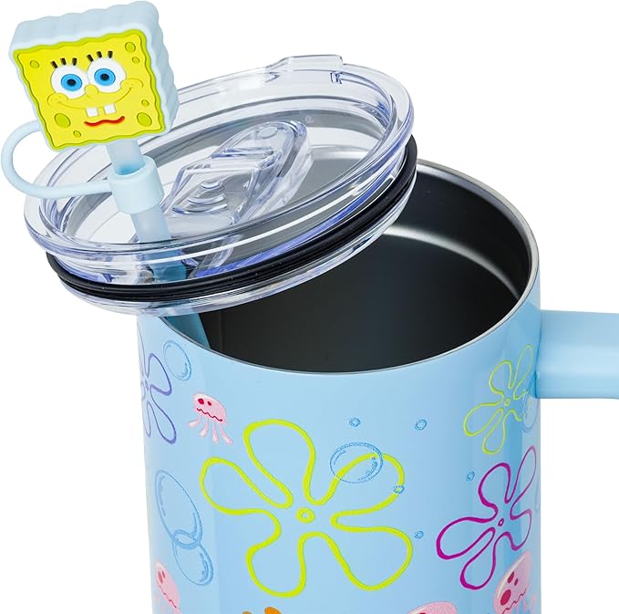 Silver Buffalo Spongebob Squarepants Jellyfishing in Bikini Bottom Double Walled Stainless Steel Tumbler with Handle, Straw, and Straw Cap, Fits in Standard Cup Holder, 40 Ounces