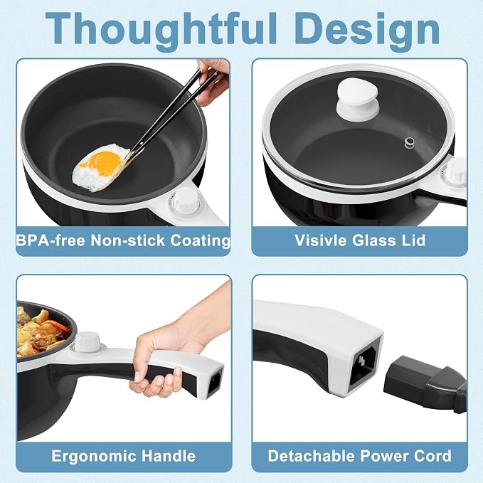 Dezin Hot Pot Electric, 1.5L Non-Stick Portable Electric Pot, Dual Power | 700W Upgraded Electric Pot for Cooking Steak, Egg, Oatmeal, Soup, Mini Ramen Cooker for Dorm, Travel, Camping, RV, Black Pan