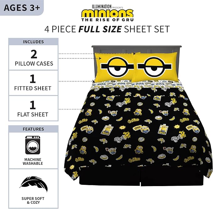 Franco Kids Bedding Super Soft Microfiber Sheet Set, Full, Minions The Rise Of Gru