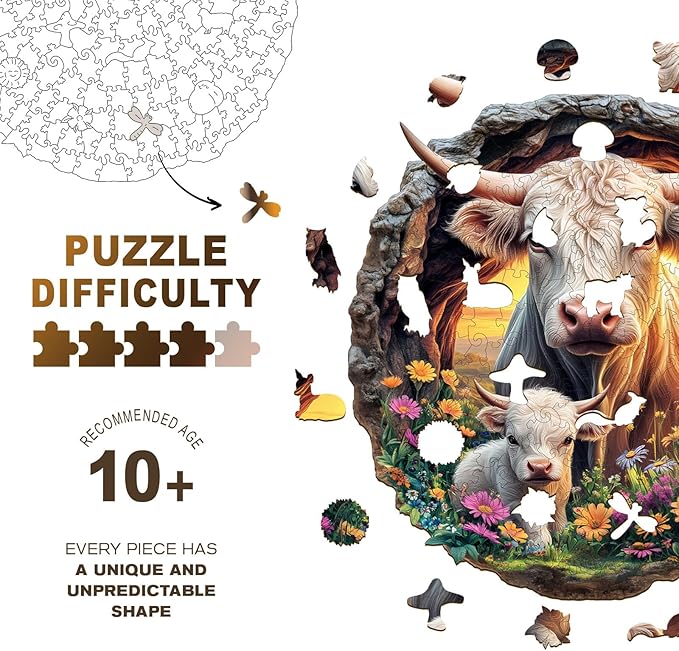 Wooden Puzzles for Adults - Cattle Family Wooden Jigsaw Puzzle, Unique Animal Shaped Wood Puzzles Adult, Christmas Birthday Gifts for Friends/Family, Home Decor 13.4 * 13.4in 295pcs