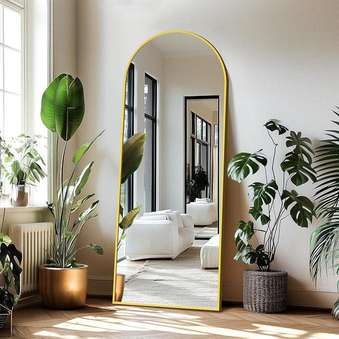 Delma Wall Mirror Full Length, Standing Floor Mirror for Bedroom Bathroom Living Room with Aluminium Frame (with Stand, Arch 69x24-Gold)