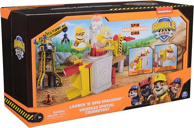 Rubble & Crew, Launch & Spin Spaceship Playset with Rubble Toy Figure in Construction Uniform, Kids Toys for Boys & Girls Ages 3 and up