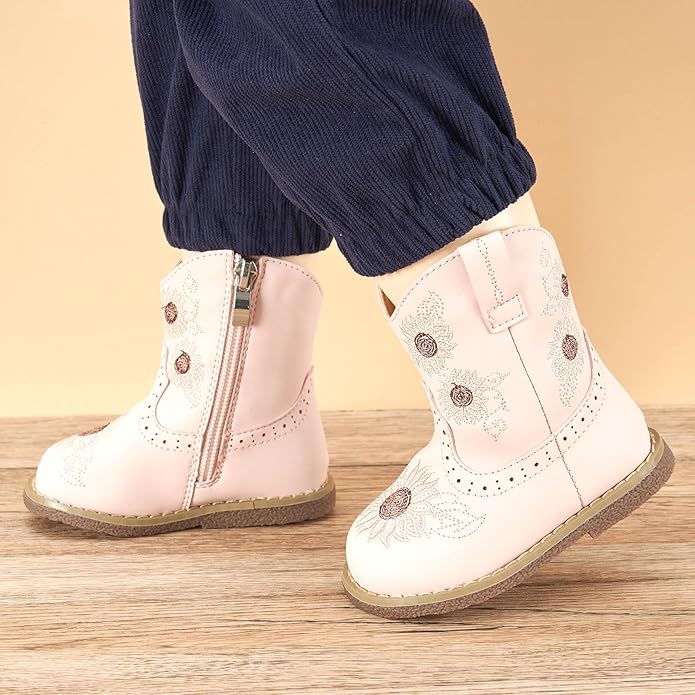 Newsonet Baby Cowboy Cowgirl Boots Infant Western Boots Toddler Boys Girls Round Toe Riding Mid Calf Boots All Seasons for 6 9 12 18 24 Months