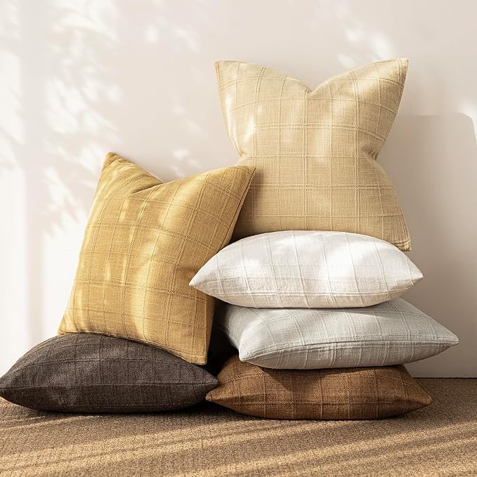 Foindtower Set of 2 Decorative Linen Check Throw Pillow Covers Neutral Farmhouse Vintage Cushion Covers Modern Boho Accent Home Decor for Sofa Chair Couch Bedroom Living Room,26×26 Inch,Amber Gold